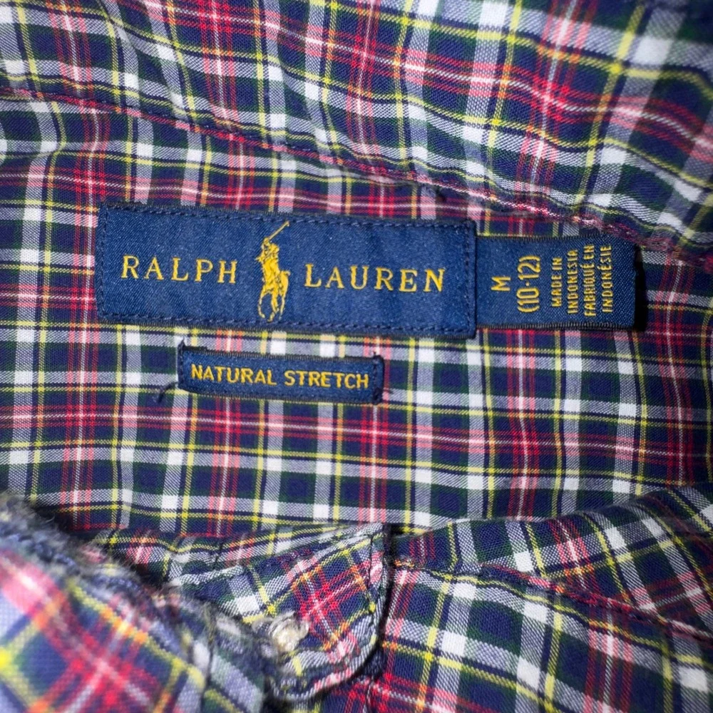 Ralph Lauren Button Down Shirt Boys M‎ 10-12 Navy Red Plaid Natural Stretch Logo
